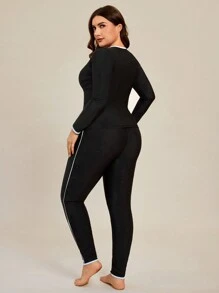 3pcs/Set Plus Size Contrast Binding Long Sleeve Top, Pants And Cover-Up Skirt, For Summer Beach Vacation