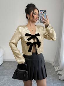 Elenzga Women's Contrast Color Bowknot Blouse - Gold - View 6
