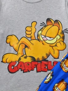 GARFIELD X SHEIN 2pcs Tween Boy Cartoon Cat Print Round Neck Long Sleeve T-Shirt And Pants Pajama Set, Suitable For Autumn/Winter