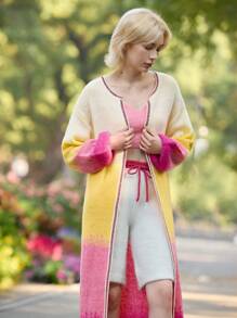 Skyraze Cute Ombre Knit Long Cardigan For Women, Autumn/Winter Gradient Pattern - Pink - View 5