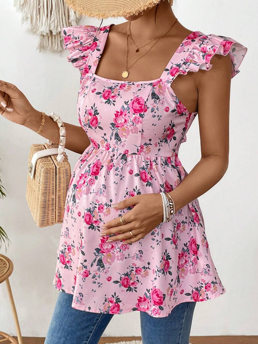 SHEIN Maternity Ditsy Floral Casual Blouse - Hot Pink - View 1