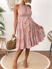 SHEIN Vestido casual corto de cuello de halter con estampado de paisley para embarazadas para la primavera - Rosa - Ver 6