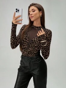 Airlisse 女士时尚豹纹透明网眼拼接长袖指孔紧身衣 - 棕色 - 查看 4