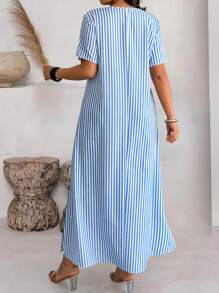 SHEIN LUNE Plus Size Women V-Neck Short Sleeve Loose Striped Splice Casual Dress