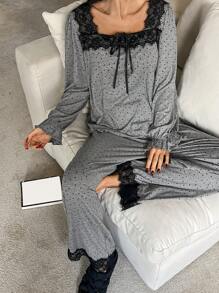 DAZY 2pcs Women Lace Polka Dot Print Loose Top & Pants Comfort Pajama Sets, Spring, Back To School Clothes, Fall Winter Clothes - Grey - View 4