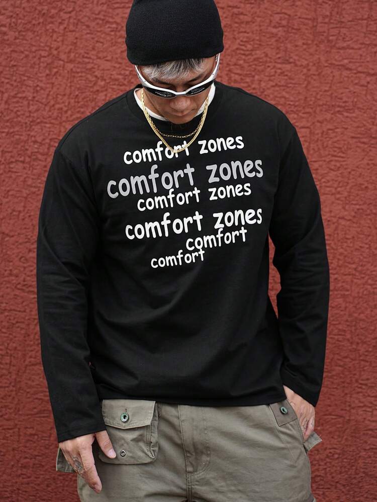 Men's Letter Print Long Sleeve Casual Street Fashion Cool T-Shirt,Fall Clothes