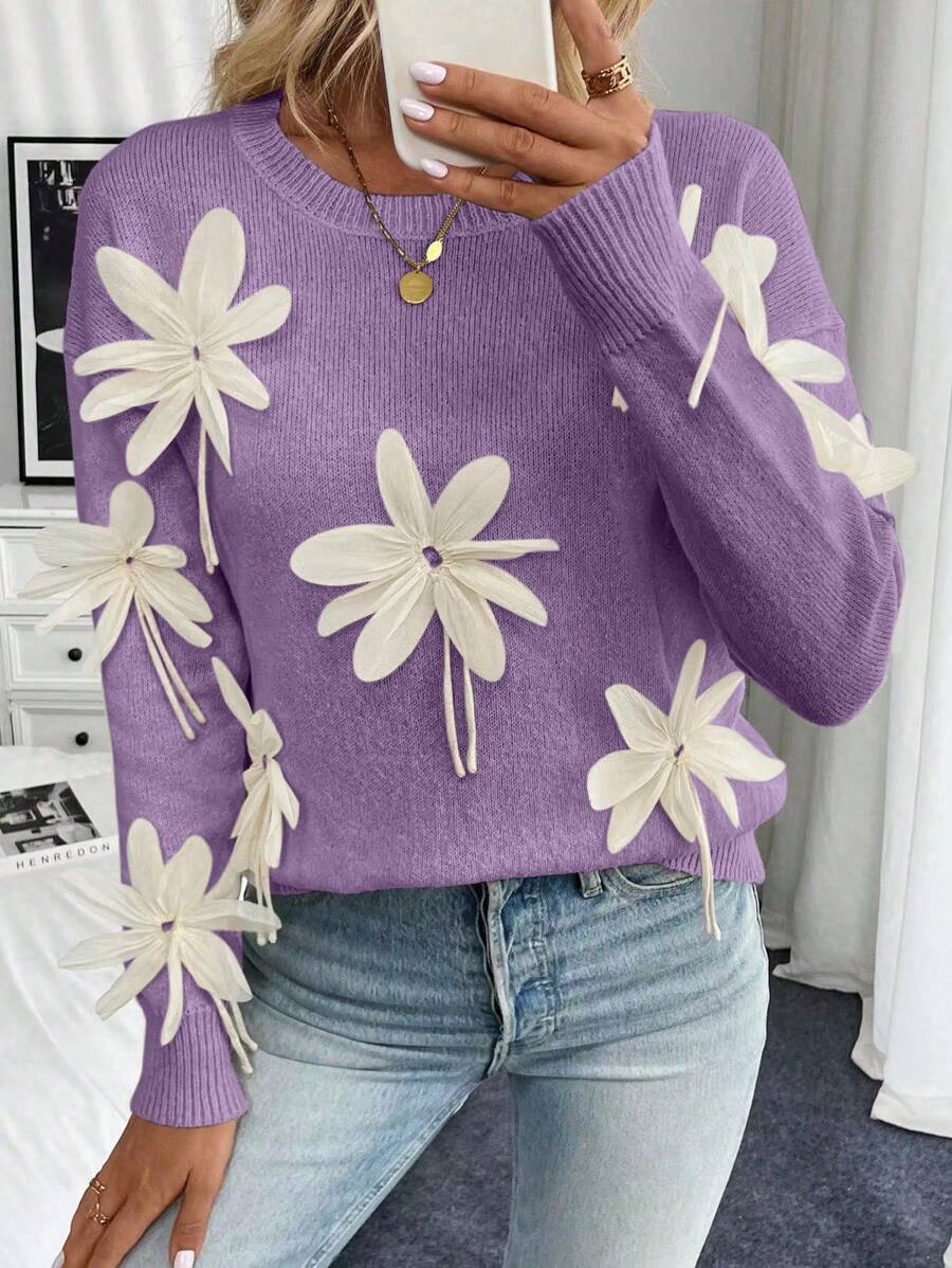 Chiquease Suéter de punto con adorno floral 3D hecho a mano, suéter de otoño/invierno - Púrpura malva - Ver 1