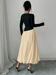 Chiquease Women Contrast Color Round Neck Long Sleeve Pleated Elegant Mid-Length Dress