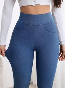 Flexra Women High Waist Skinny Casual Versatile Denim Pants Stretchy Knit Denim Apple Bottom Jeans - Blue - View 3