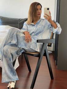 Livesso 2 件套女士豹纹宽松长袖衬衫和阔腿裤套装，适合春夏、秋季度假休闲装 - 藍色 - 查看 4