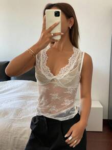 Livesso Top canotta senza maniche con bordo in pizzo, colore unito, leggero, adatto per primavera/estate, trasparente, sexy, da donna - Bianco - Visualizzare 6