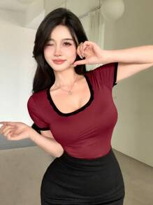 DAZY 女士休闲撞色蕾丝边短袖 T 恤 - 紅色 - 查看 6