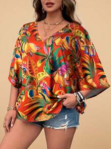 Travachic Blouse ample à encolure en V style bohème avec imprimé floral tropical et manches volantées, pour l'été, grandes tailles
