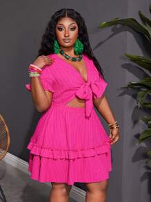Slaydiva Vestido mini ajustado y sexy de color fucsia sólido con detalle de volantes, lazo en el pecho, bajo en línea A, tela de textura tejida, para uso casual, vacaciones, tallas grandes - Verano - Rosa Fucsia - Ver 5