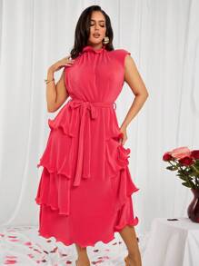 SHEIN SXY Vestido de línea A de talla grande con cuello alto, volantes y encaje en color rojo rosa para el Día de San Valentín, apropiado para uso diario, vacaciones, playa, cita, fiesta de cumpleaños, fiesta de despedida de soltera, fiesta, baile, cita en pareja, elegante, casual, compras, uso diario, al aire libre, coqueto, fácil de combinar y estiliza la figura.