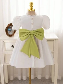 Ramadan/New Year Young Girl Wedding Flower Girl Dress, White Satin Soft Princess Dress, Paired With Green Dimensional Bow Party Dress - White - View 1