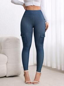SHEIN EZwear Women's Cargo Pockets Skinny Casual Jeans, Versatile