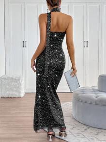 Chiquease 女士优雅两件套：银箔亮片褶皱抹胸上衣和半身裙套装 - 黑色 - 查看 2