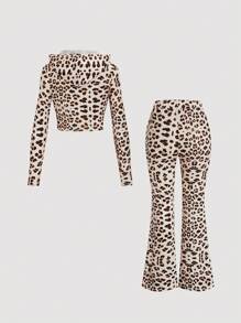 Flirla Plus Size Women Leopard Print Long Sleeve Zip-Up Hooded Jacket And Flared Pants 2 Pieces Set