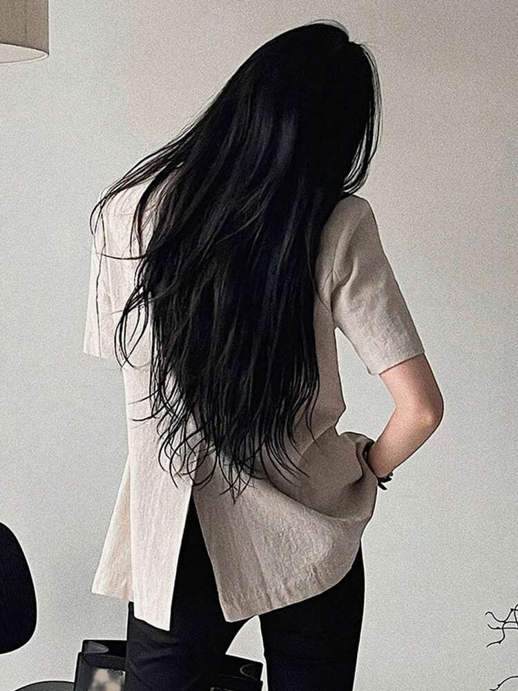 Women Solid Color Turndown Collar Short Sleeve Blazer, Camel, Business Casual For Spring & Summer Work Women Clothes Linen