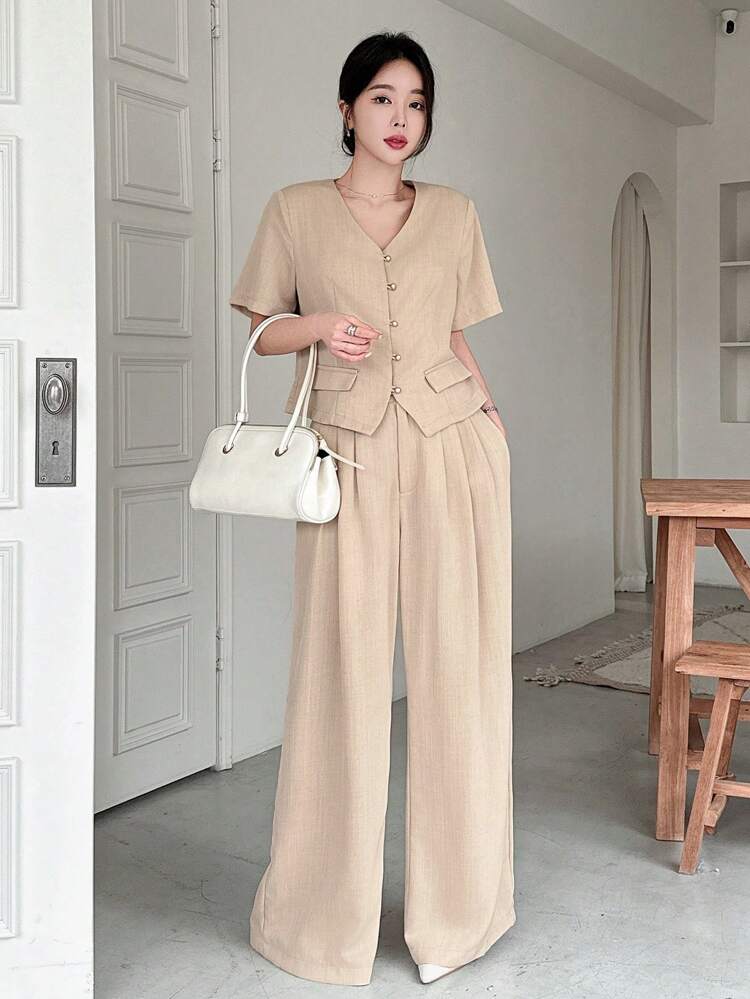 2 Pieces Spring Casual Elegant Urban Style Short Sleeve Top And Pants Set For Women, Valentine's Day Collection