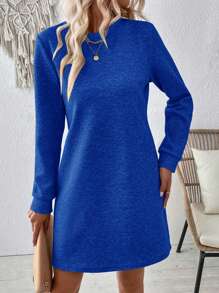 SHEIN LUNE 休闲常规纯色圆领长袖连衣裙