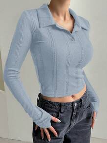 DAZY College Style Autumn New Women's Ribbed Knit Collared Slim Fit T-Shirt Long Sleeve Women Tops - Blue - View 4