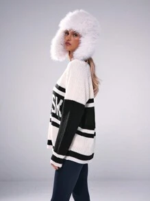 MUSERA Tjock stickad överdimensionerad tröja med slogan Vår Y2K 90-tal Casual Söt Aktiv Skidklubb Snö Bekväm Flygplats Helgdag Höst Vinter Vardag Chic Tröja Vår - Svart och Vitt - Visa 2