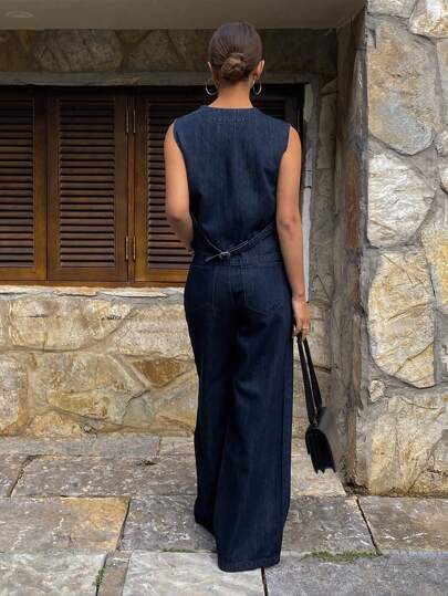 Livesso Bộ 2 quần và áo vest denim cho nữ, thiết kế tối giản giản dị để mặc hàng ngày