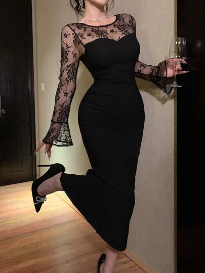 DAZY Sheer Mesh Lace Patchwork Long Dress, Flare Sleeve, Mermaid Hem, Holiday Resort Wear For Women, Spring/Fall Elegant,Formal Women Dresses Long Sleeve Dress Prom Dress