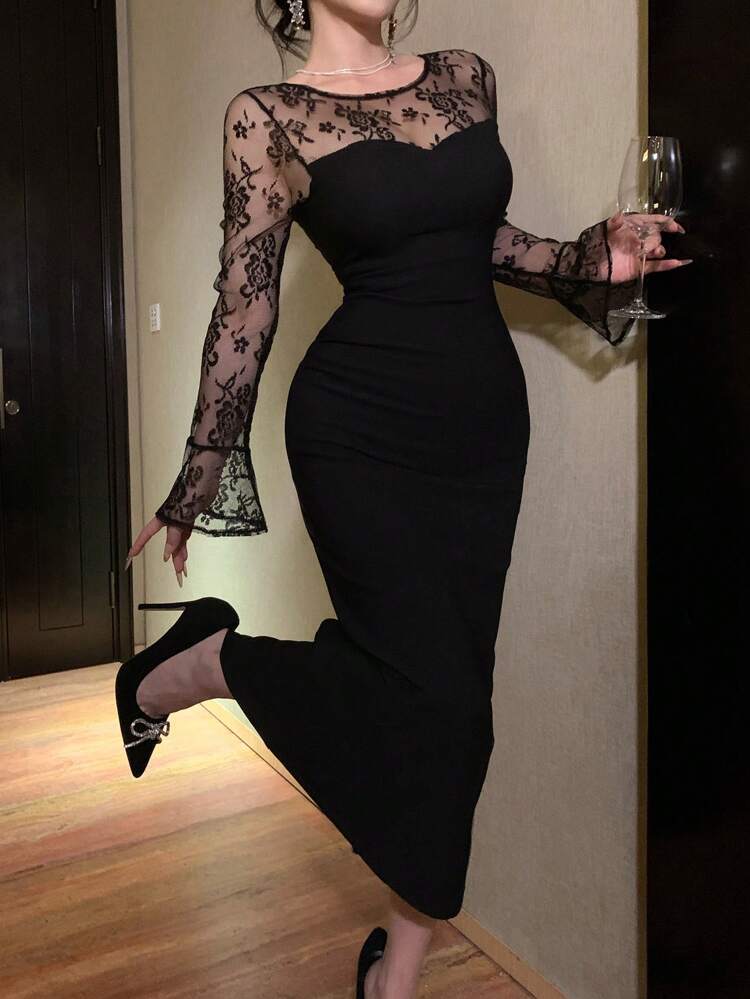 Sheer Mesh Lace Patchwork Long Dress, Flare Sleeve, Mermaid Hem, Holiday Resort Wear For Women, Spring/Fall Elegant,Formal Women Dresses Long Sleeve Dress Prom Dress Maxi Dress