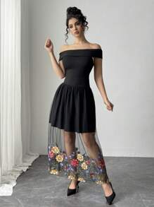 Chiquease Vestido para mujer de tela de malla con patrón bordado