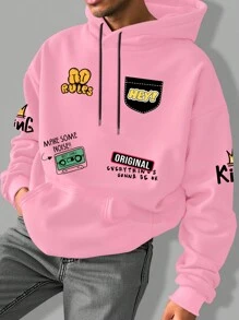 Manfinity Hypemode Men's Letter Print Drop Shoulder Long Sleeve Drawstring Hoodie Sweatshirt, Autumn/Winter - Pink - View 1