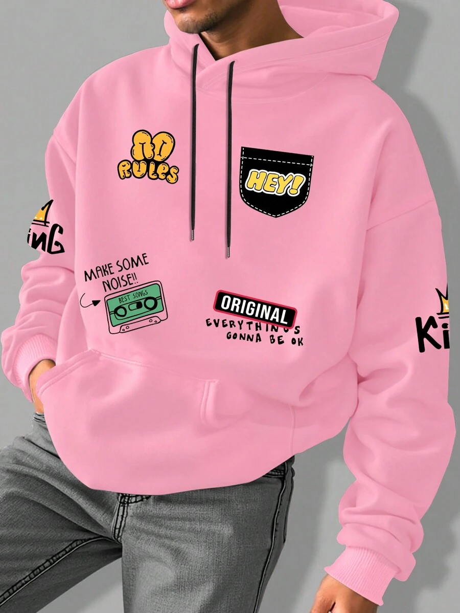 Manfinity Hypemode Men's Letter Print Drop Shoulder Long Sleeve Drawstring Hoodie Sweatshirt, Autumn/Winter - Pink - View 1