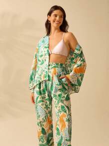 Kimono casual de manga larga con estampado tropical de leopardo y árbol de coco, perfecto para vacaciones - Multicolor - Ver 7