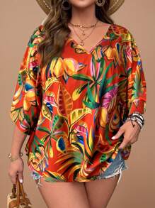 Travachic Blouse ample à encolure en V style bohème avec imprimé floral tropical et manches volantées, pour l'été, grandes tailles