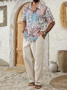 ResortEase Plus Size Men's Bohemian Style Short Sleeve Shirt And Pants Set