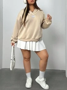 INAWLY 大尺碼女士字母拼接下垂肩束腰連帽衛衣