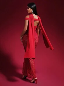 Zolique Ladies' Knitted Scarf Decoration Off Shoulder V-Neck Sexy Burgundy Bodysuit