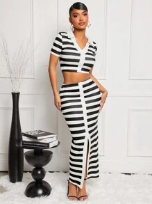 SHEIN SXY 2pcs Sexy And Elegant Black Striped Skirt Set - Black and White - View 7