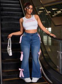 SHEIN ICON 大码 Y2K 街头风格蝴蝶结带弹力喇叭牛仔裤 - 中等水洗藍 - 查看 4