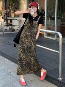 DAZY Summer New Loose Casual Leopard Print Women Denim Strap Dress Cheetah Print