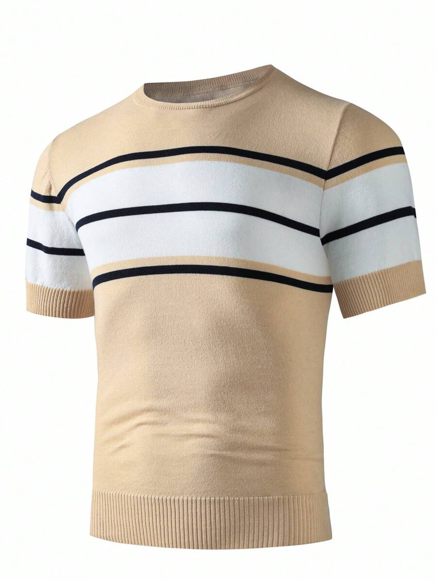 Manfinity Homme Men's Casual Colorblock Striped Short Sleeve Knit Top - Champagne - View 1