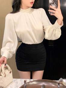 DAZY Blusa de mujer de tela brillante y elegante para el verano, ropa de otoño - Negro - Ver 4