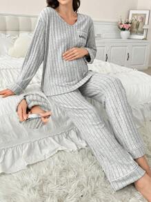 Maternity Letter Print Pocket Wash-Soft V-Neck Long Sleeve Loungewear Set - Light Grey - View 1