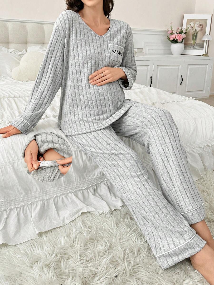 Maternity Letter Print Pocket Wash-Soft V-Neck Long Sleeve Loungewear Set - Light Grey - View 1