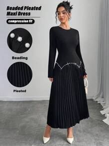 Chiquease Long Sleeve Fitted Dress With Pearl, Pleated Design - Black - View 1