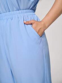 TaskEZ Plus Size Women Solid Color Loose Short Sleeve Blouse With Pocket And High Waist Straight Leg Pants Scrub Uniform Set - Baby Blue - View 5
