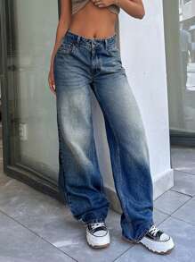 EURMUSE 100% Baumwolle einfarbige hohe Taille Vintage Waschung Gerade Jeans - Mittele Waschung - Übersicht 3