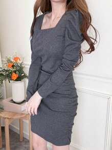 DAZY Women Square Neck Wrap Long Sleeve Short Dress, Spring/Summer/Autumn,Mini Dress - Grey - View 2